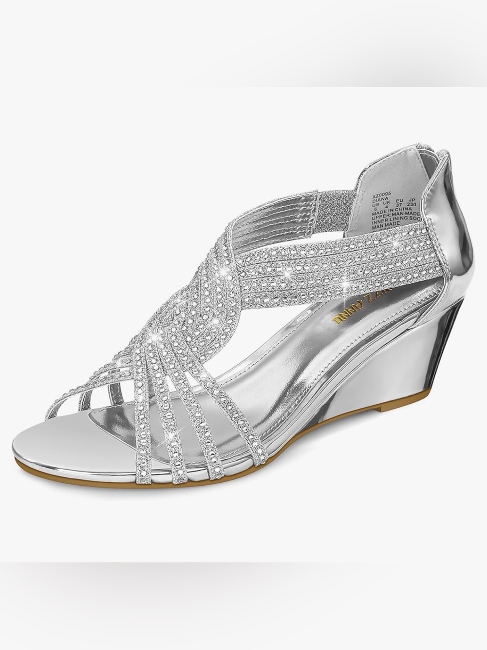 NWB Pizz Annu Silver Crystal Evening low wedge rhinestone emblished straps 8.5